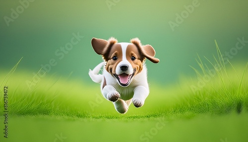  joyful puppy romping in grass. The background is a light  consistent green