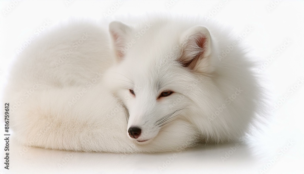 A fluffy white arctic fox curled up, its fur blending subtly into a pure white background A fluffy white arctic fox curled up, its fur blending subtly into a pure white background