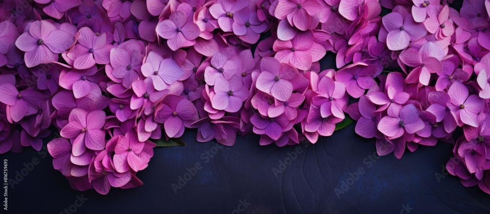 Fototapeta premium Creative image of pink and purple Hydrangea flowers on artistic ink background Top view with copy space