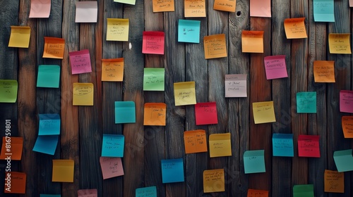 Colorful sticky notes on rustic wooden wall, vibrant reminders and ideas