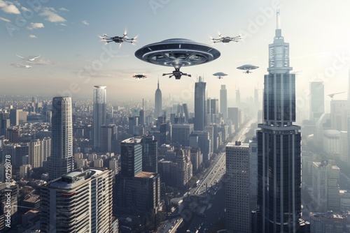 UFOs soar above a city skyline filled with skyscrapers in this futuristic scene