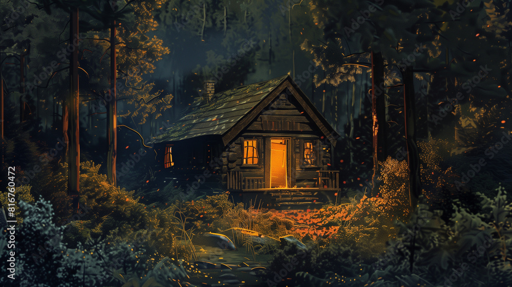 Photo of a Cabin in the Woods at Night Photo of a Cabin in the Woods at Night