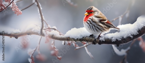 Common Redpoll bird male perched on a branch in the winter. copy space available photo