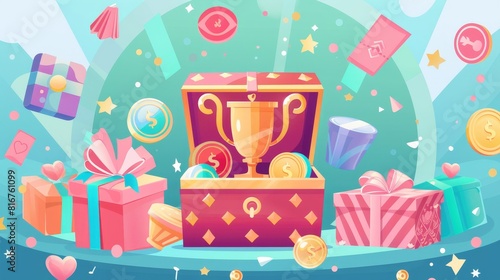 Open gift box with bonus money coin prize modern. Casino reward for lucky giveaway winner cartoon UI design. Mystery online promotion jackpot with trophy pack.