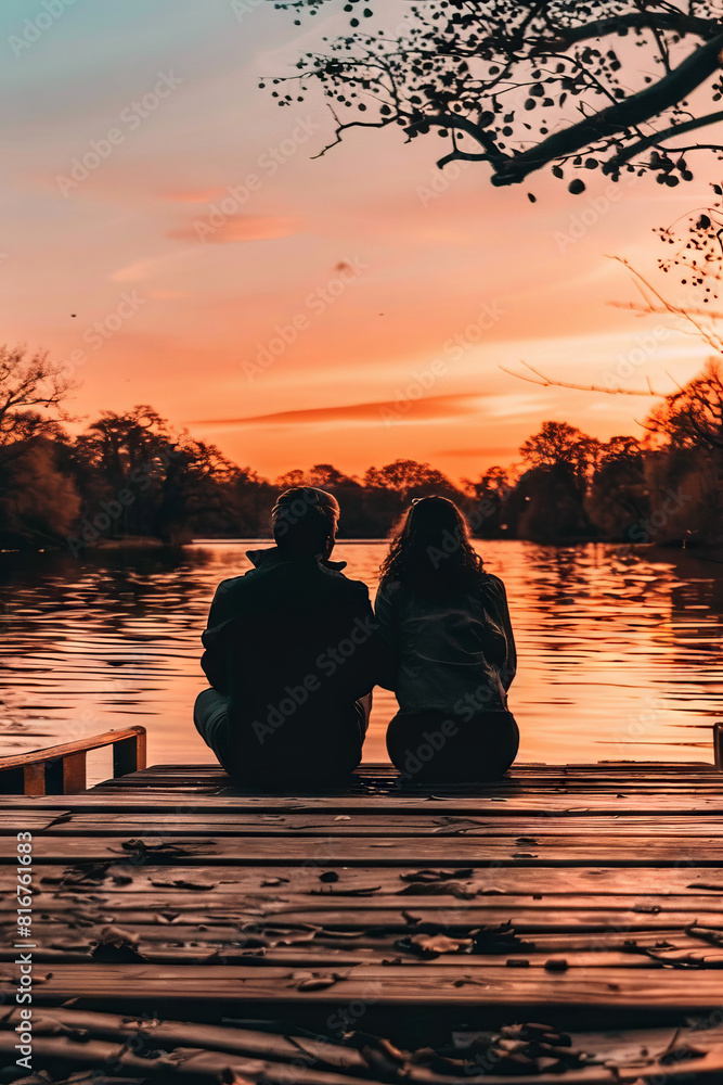 A couple holding hands on an old wooden pier at sunset, warm and dreamy atmosphere.