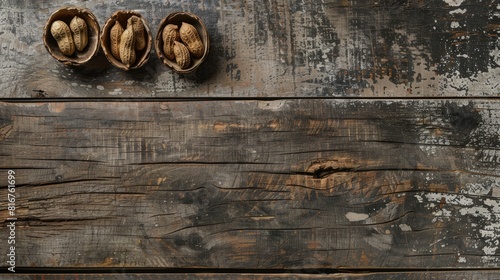 Peanuts in shells arranged on an antique wooden surface