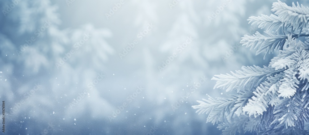 Green spruce branches covered with fresh white snow Copy space background