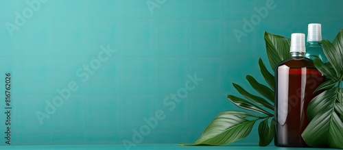 Bottles of shampoo and tropical leaf on color background. copy space available