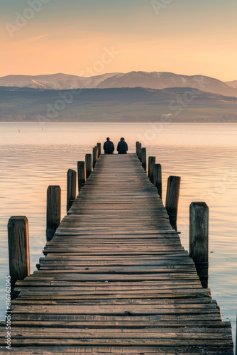 A couple holding hands on an old wooden pier at sunset  warm and dreamy atmosphere.