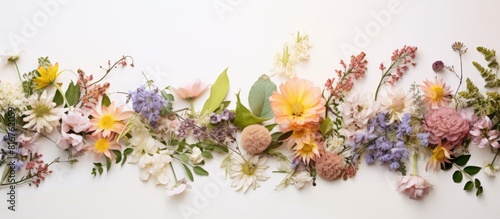 floral border made with natural fresh flowers buds leaves and stems. copy space available