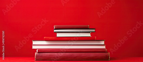 A stack of hardcover books on a red background copy space