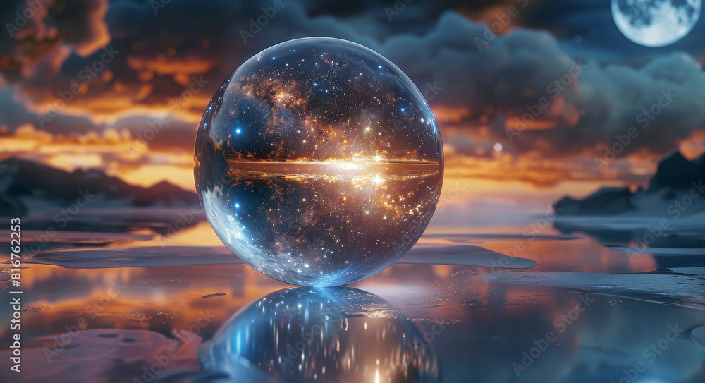 3D render of In the silence of the cosmos, crystal ball echoes with the whispers of the stars. Generative AI. 3D render of In the silence of the cosmos, crystal ball echoes with the whispers of the stars. Generative AI.