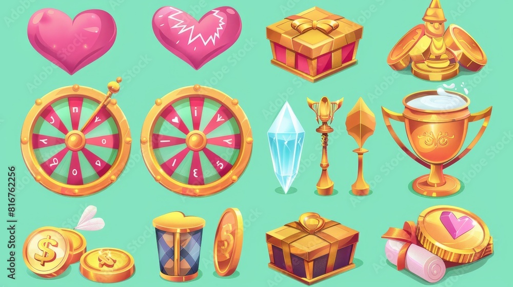 The fortune game spin wheel and set of prize icons are isolated on green. Modern illustration of a casino roulette table with lightning, a heart, a magic potion, a diamond, and a gift box. The fortune game spin wheel and set of prize icons are isolated on green. Modern illustration of a casino roulette table with lightning, a heart, a magic potion, a diamond, and a gift box.