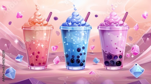 The milk coffee and tea bubble ice drink in a cup modern illustration. The milkshake boba, the smoothie dessert in a glass for the cafe menu poster. The pearl juice with cream and tapioca with the photo