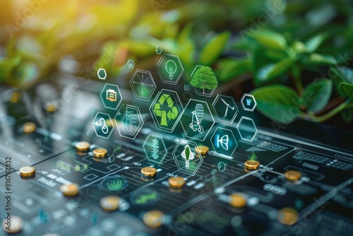 Wallpaper Mural Digital circuit board with green symbols and plants. Represents integration of technology with nature. Focus on eco-friendly innovation, sustainability, and modern technological advancements. Torontodigital.ca