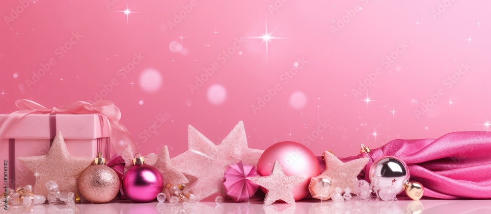 Composition with decorative cosmetics and Christmas decor on pink background. copy space available