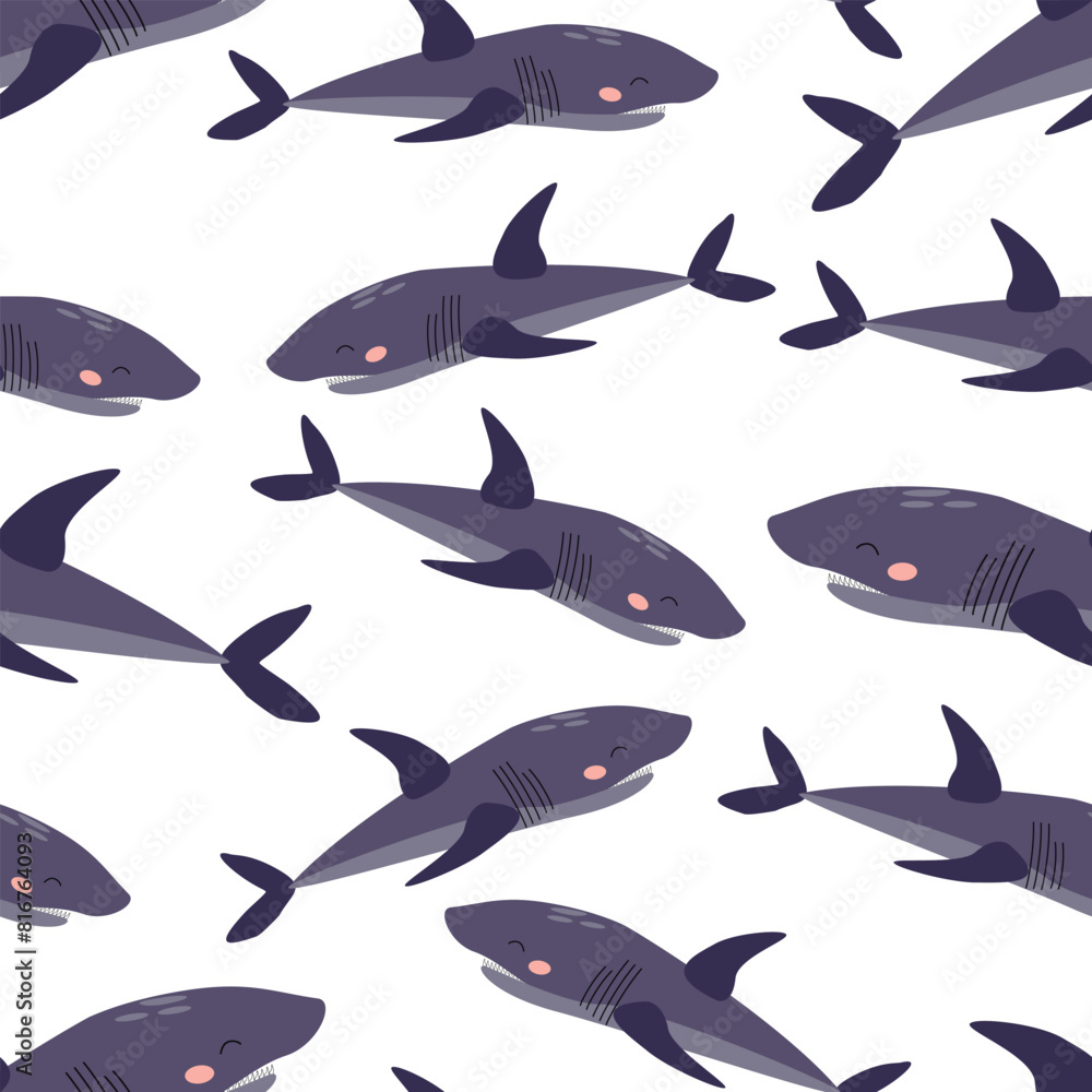 Seamless pattern of cartoon purple shark on a white background. Vector illustration for children's wallpaper, textiles, packaging. Seamless pattern of cartoon purple shark on a white background. Vector illustration for children's wallpaper, textiles, packaging.