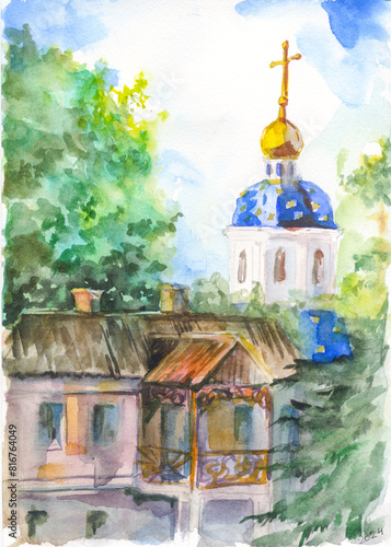 Watercolor illustration of an old city with a church