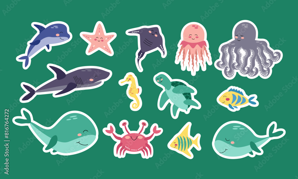 Set of stickers sea animals whale, shark, jellyfish, dolphin, starfish, stingray, octopus, seahorse, turtle, tropical fish, crab. Vector cartoon illustration for stickers