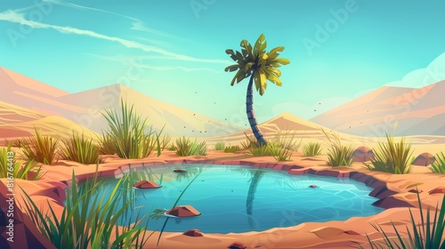 Dubai desert oasis with palm tree cartoon background. Arabian drought panorama with pond and plants in summer modern landscape. Tropical wilderness nature environment for video games.