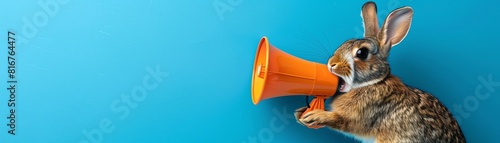 A cute brown rabbit earnestly shouting into an orange megaphone, bright blue background photo