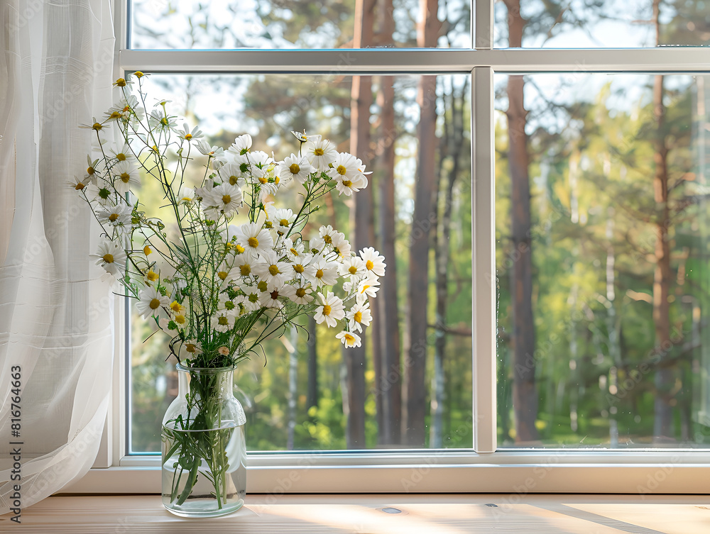 White window in a rustic wooden house overlooking the pine forest. Bouquet of white daisies in a vase on the windowsill White window in a rustic wooden house overlooking the pine forest. Bouquet of white daisies in a vase on the windowsill