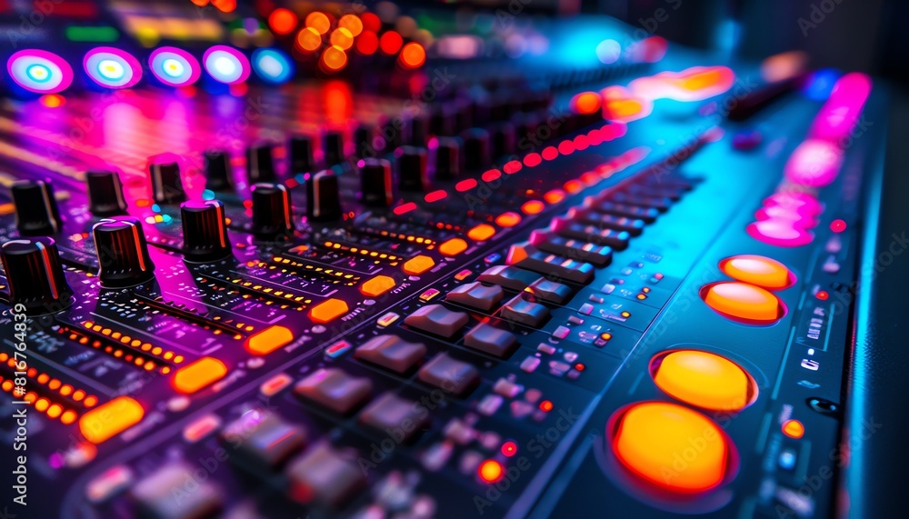 Closeup of a colorful audio mixing console with glowing buttons Closeup of a colorful audio mixing console with glowing buttons