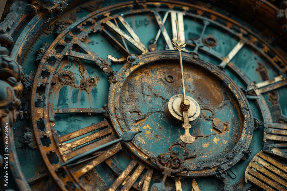 Detailed view of a vintage clock face with rust and intricate metalwork