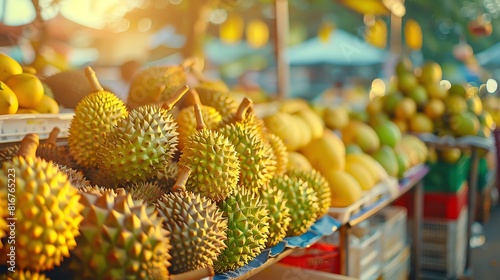 Fresh durians at outdoor market morning light depthoffield closeup tropical scene photo