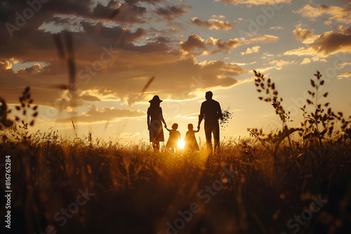 Family silhouette at sunset in the field