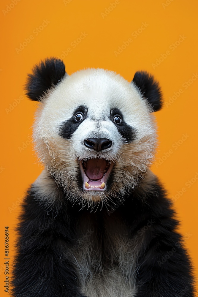 Naklejka premium Surprised panda against an orange background, expressive and playful