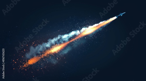 A rocket smoke trail cloud modern isolated effect. A realistic contrail flame spray created from a plane or jet launch. The explosion of a spaceship or shuttle taken off in the sky. An aircraft photo