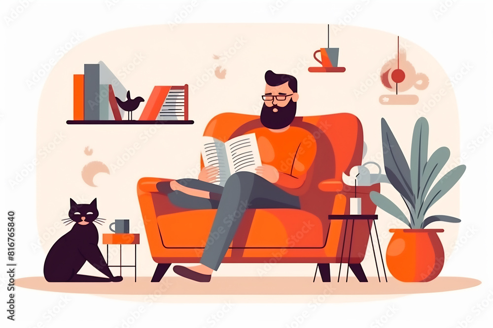 Fototapeta premium A man sitting in a chair with his pet