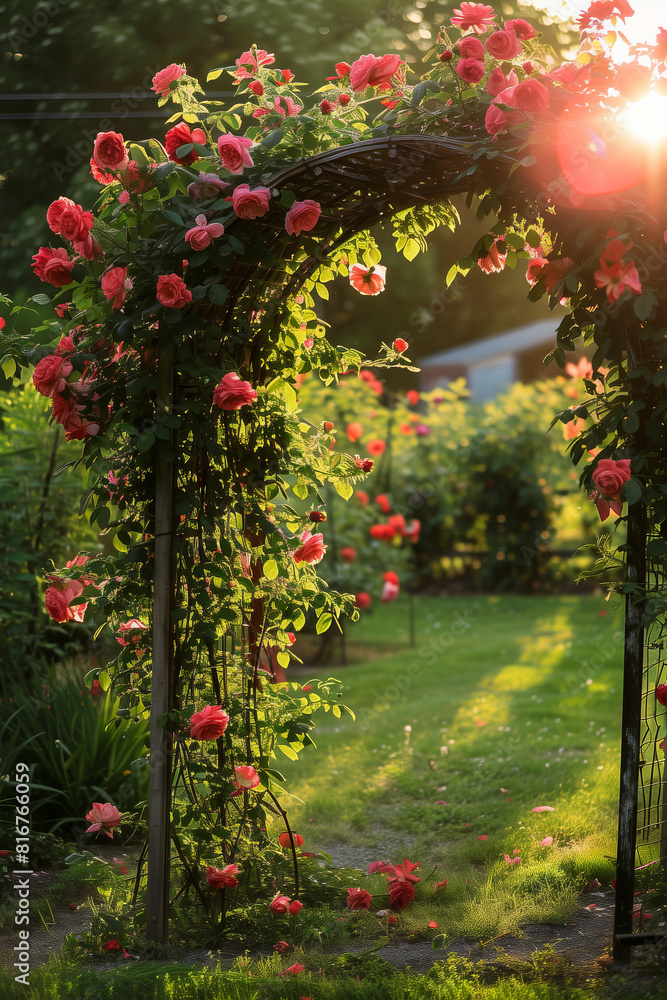 Lush well-maintained summer garden with an arbor covered in climbing roses in evening light.