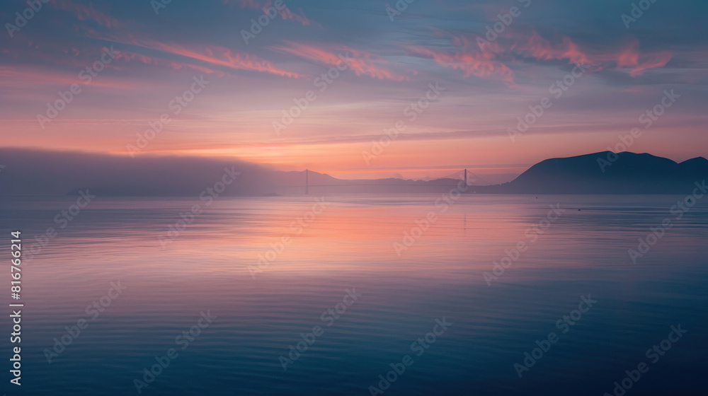 A tranquil dawn breaks over San Francisco Bay, casting a golden hue on the fog-shrouded Golden Gate Bridge, creating a scene of serene beauty.