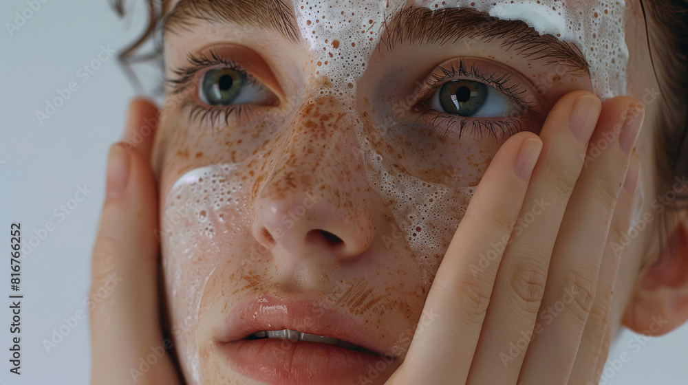 the close-up of a girl's face, adorned with charming freckles and defined eyebrows, as she carefully applies a potent anti-aging skincare cream. the close-up of a girl's face, adorned with charming freckles and defined eyebrows, as she carefully applies a potent anti-aging skincare cream.