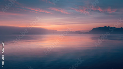 A tranquil dawn breaks over San Francisco Bay  casting a golden hue on the fog-shrouded Golden Gate Bridge  creating a scene of serene beauty.