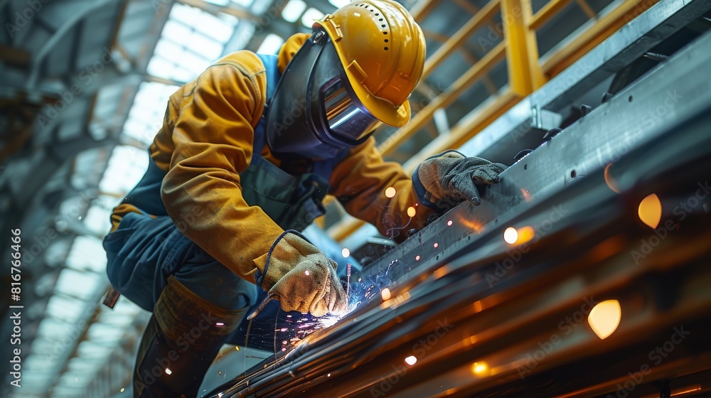 A welder working overhead on a steel canopy of a public transportation station. Generative AI. A welder working overhead on a steel canopy of a public transportation station. Generative AI.