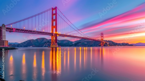 Against the backdrop of a fiery sunset  the Golden Gate Bridge stands as a beacon of strength and beauty  its towering pillars illuminated by the fading light of day.