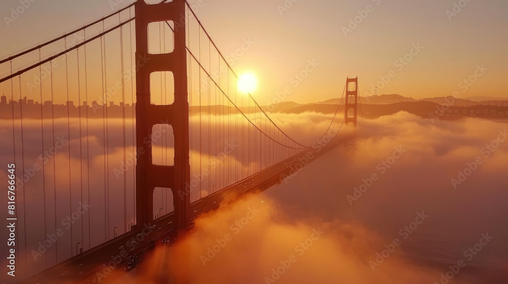 Obraz premium As dawn breaks over the bay, the Golden Gate Bridge emerges from the thick fog like a majestic sentinel, its rust-colored spans illuminated by the first rays of sunlight.