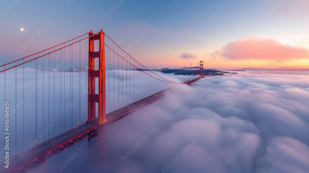 Obraz premium As dawn breaks over the bay, the Golden Gate Bridge emerges from the thick fog like a majestic sentinel, its rust-colored spans illuminated by the first rays of sunlight.