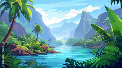 Nature scene with rainforest landscape  water  bushes  trees  vegetation  and mountains in Amazonia  modern illustration.