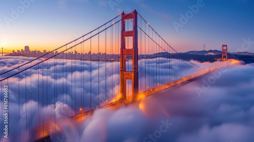 As dawn breaks over the bay, the Golden Gate Bridge emerges from the thick fog like a majestic sentinel, its rust-colored spans illuminated by the first rays of sunlight.