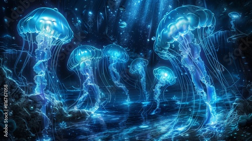 Enchanting Underwater Jellyfish Ballet in a Mystical Blue Ocean