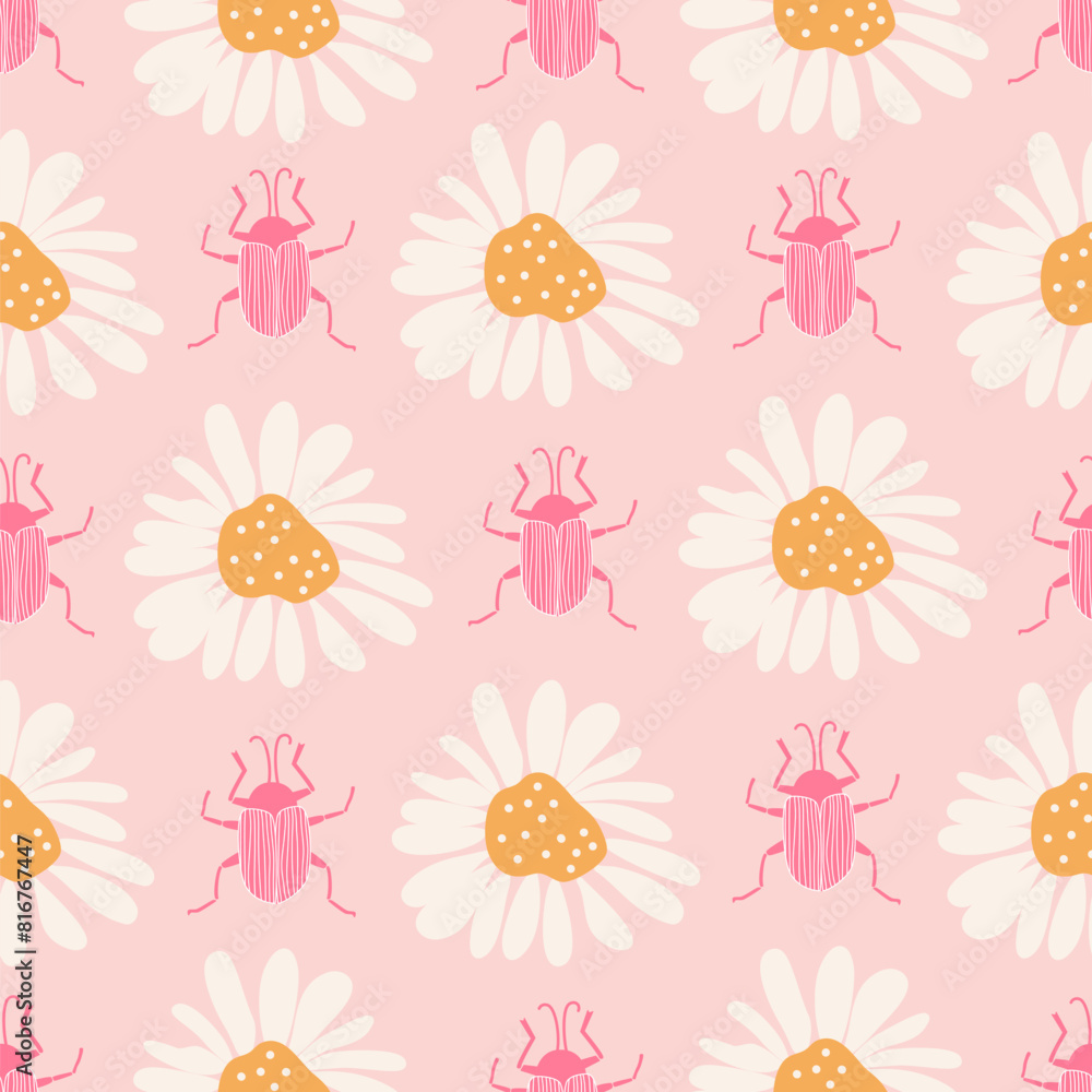 cute abstract hand drawn seamless vector pattern illustration with white daisy flowers and pink insects on pastel pink background cute abstract hand drawn seamless vector pattern illustration with white daisy flowers and pink insects on pastel pink background