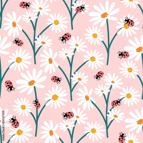 cute romantic seamless vector pattern illustration with white daisy flowers  red ladybugs on pastel pink background 