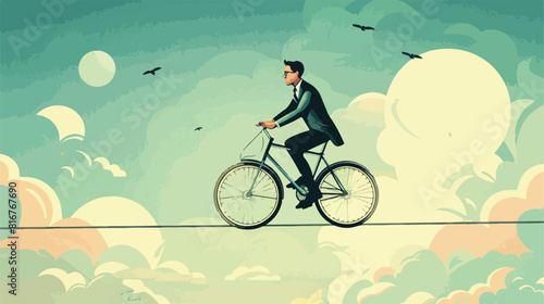 Businessman riding bike one wheel on a rope Vector style