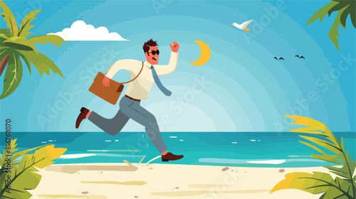 Businessman running from office to the Vacation Vector