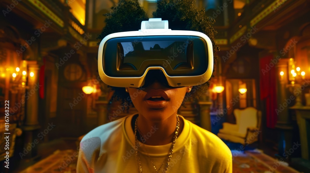 Young Woman Experiencing Virtual Reality in a Majestic Setting Young Woman Experiencing Virtual Reality in a Majestic Setting