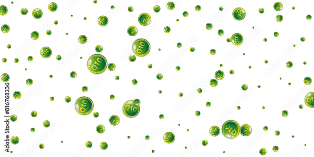 Vitamin Q10 round capsules scattered randomly. Vitamin Q10 round capsules scattered randomly.